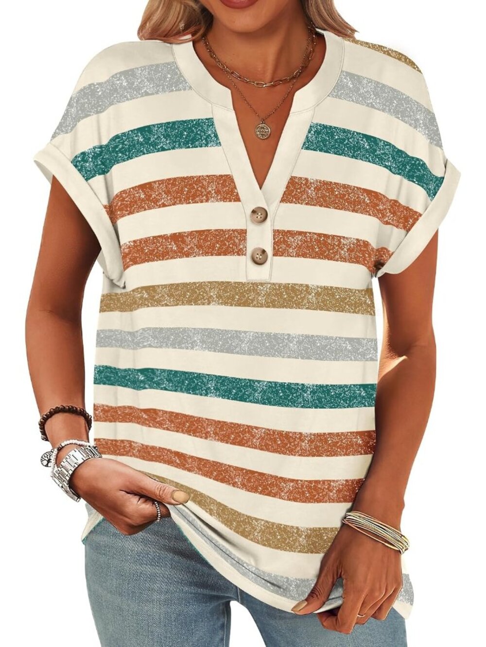 Women's  Orange Lake Summer Short Sleeve Henley V Neck Dressy Fashion Top Blouse